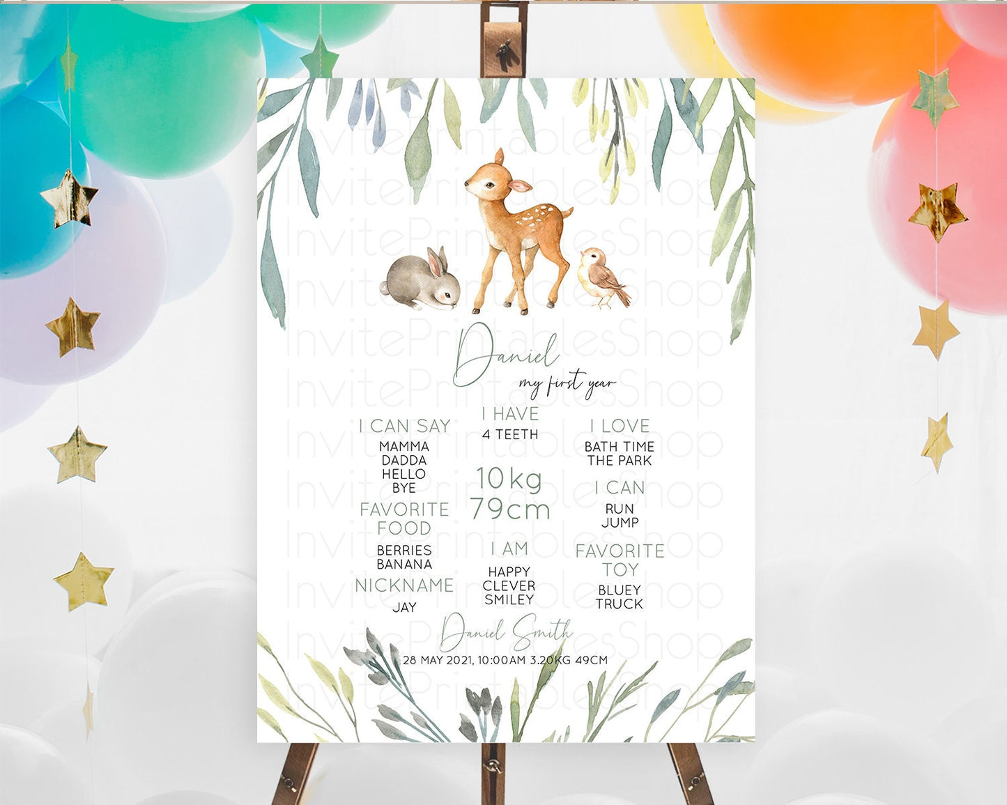 Fawn First Birthday Milestone Board Deer First Birthday Milestone Poster Enchanted Forest Butterfly Pastel Flowers 1st Birthday Sign D10919