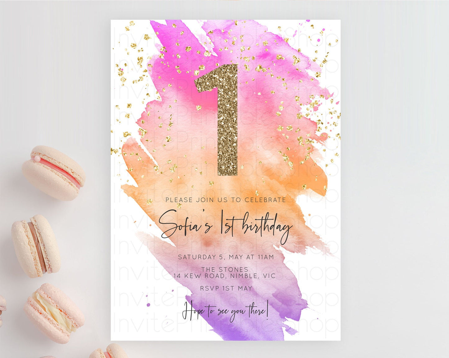 Rainbow Birthday Invitation Colorful Pastel Watercolor Invitation Gold Glitter Sprinkles Ombre Pastel 1st 2nd 3rd Birthday D10488