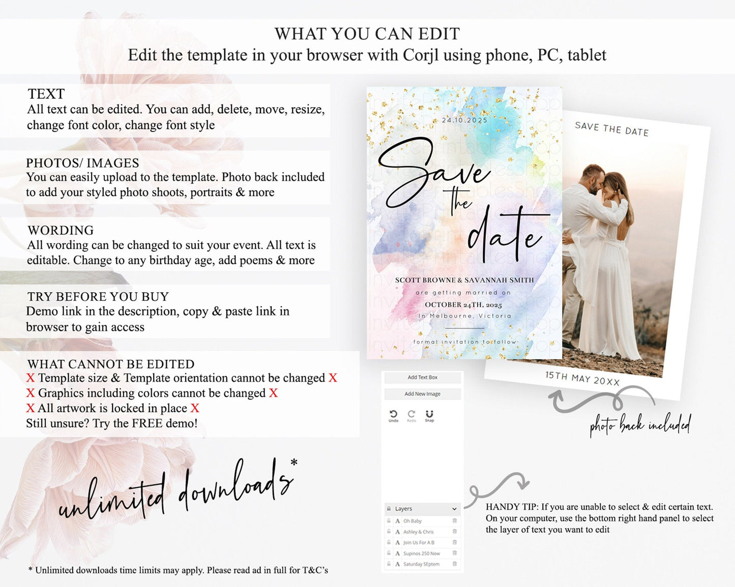 Pastel Save The Date Template Pastel Ombre Rainbow Watercolor Colorful Party For Birthday Baptism Baby Shower Wedding Bridal Shower D10422