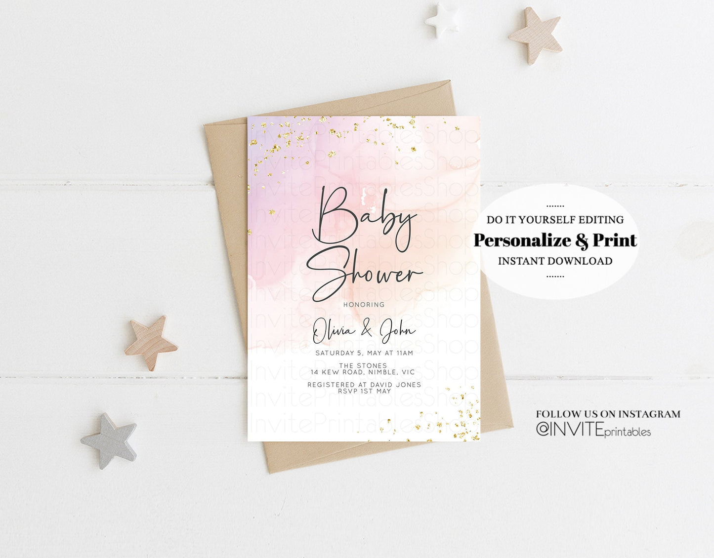 Pastel Pink Baby Shower Invitation Watercolor Ink Gold Glitter Foil Sprinkles Confetti Splash It's a Girl Invite Editable Instant Download