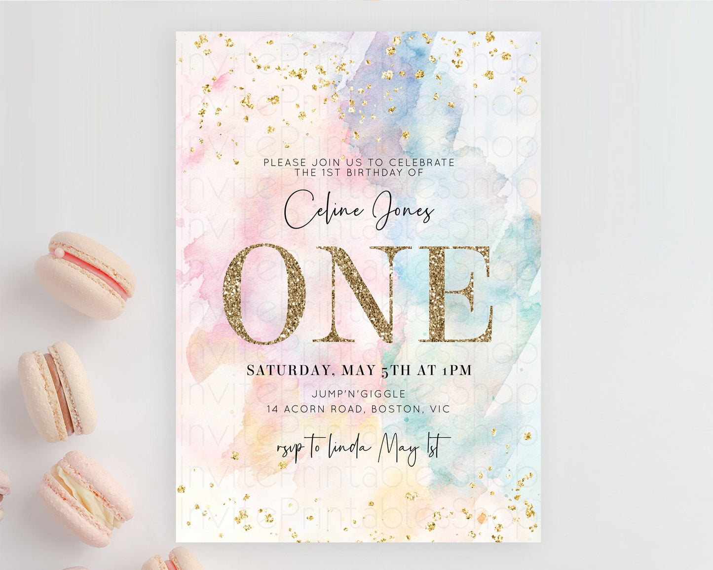 Rainbow Birthday Invitation Colorful Pastel Watercolor Invitation Gold Glitter Sprinkles Ombre Pastel 1st 2nd 3rd Birthday D10263