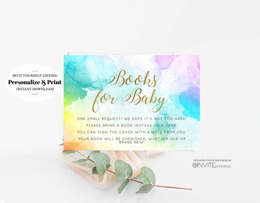Rainbow Book Request for Baby Insert Pastel Baby Shower Book Card Colorful Watercolor Baby Books Request Poem Books Insert 140