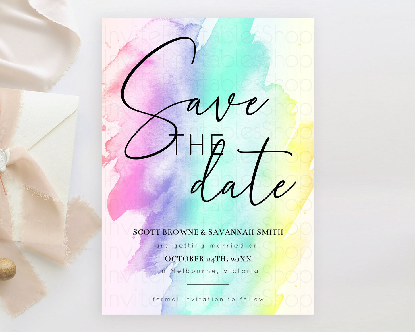 Pastel Save The Date Template Pastel Ombre Rainbow Watercolor Colorful Party For Birthday Baptism Baby Shower Wedding Bridal Shower D10231