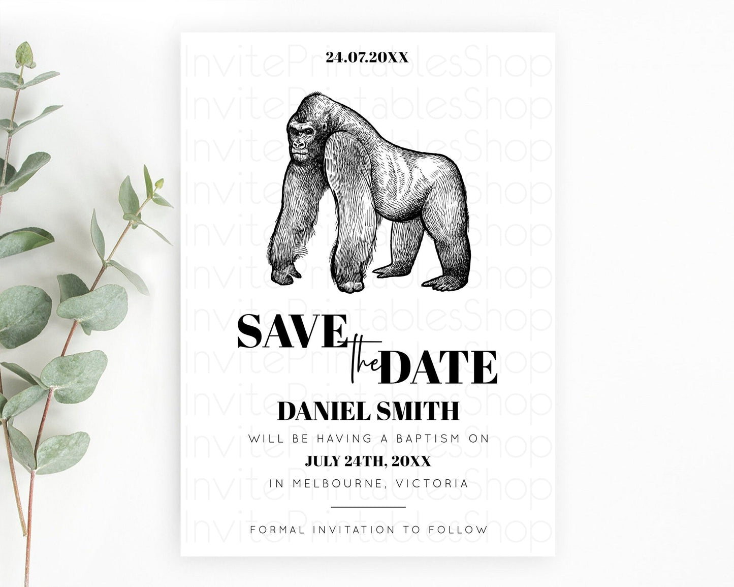 Gorilla Save The Date Template Gorilla Party Save The Date Safari Adventure Gorilla Minimal Theme 1st Birthday Baptism Baby Shower D10855