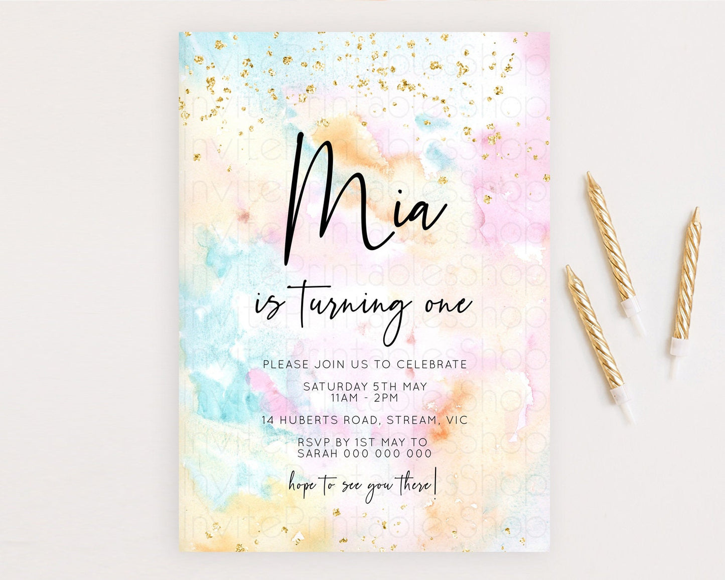 Rainbow Birthday Invitation Colorful Pastel Watercolor Invitation Gold Glitter Sprinkles Ombre Pastel 1st 2nd 3rd Birthday D10548