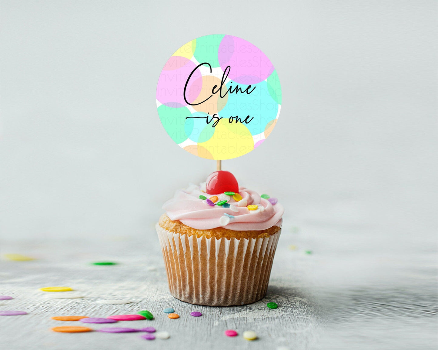 Pastel Cupcake Toppers Pastel Confetti Cupcake Topper Bubbles Sprinkles Colorful Rainbow Confetti Cupcake First Birthday Party Decor D10410
