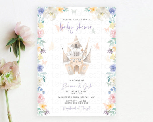 Editable Pastel Princess Baby Shower Invitation Floral Castle Invitation Roy