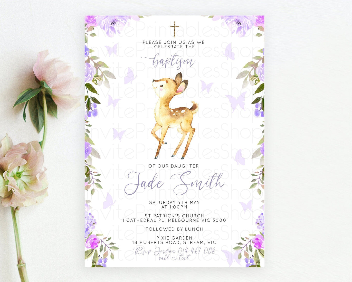 Fawn Baptism Invitation Deer Baptism 1st Birthday Invitation Enchanted Forest Christening Invitation Pastel Garden Butterfly Floral D10916