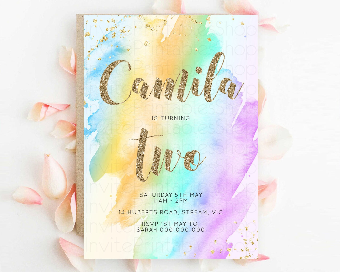 Rainbow Birthday Invitation Colorful Pastel Watercolor Invitation Gold Glitter Sprinkles Ombre Pastel 1st 2nd 3rd Birthday D10426