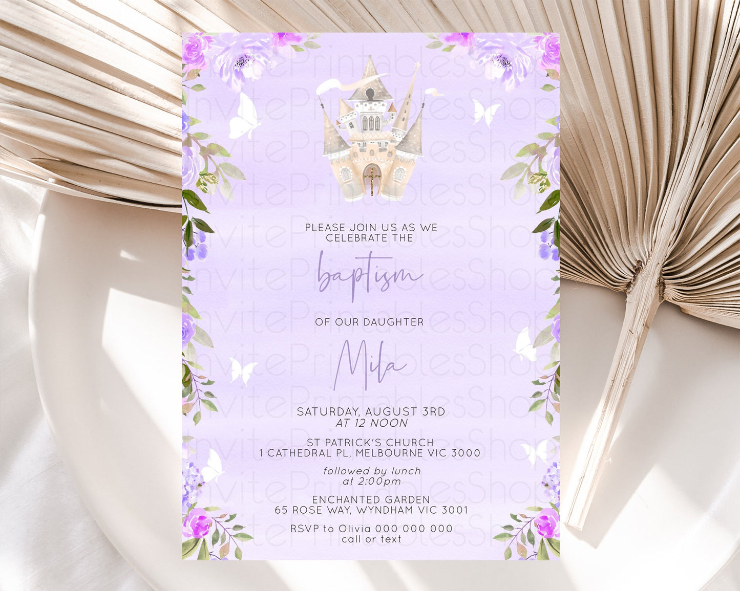 Princess Baptism Invitation Enchanted Castle Baptism 1st Birthday Invitation Royal Party Pastel Floral Secret Garden Christening D10339