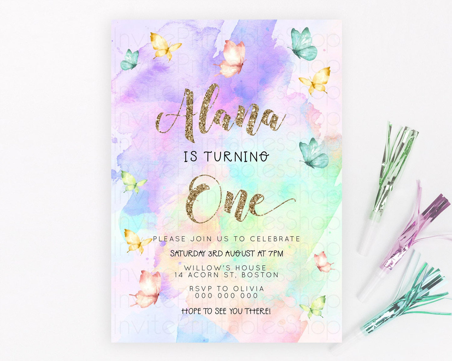 Pastel Butterfly Birthday Invitation Butterfly Birthday Invitation Colorful Splash Glitter Butterfly Garden 1st 2nd Birthday D23250