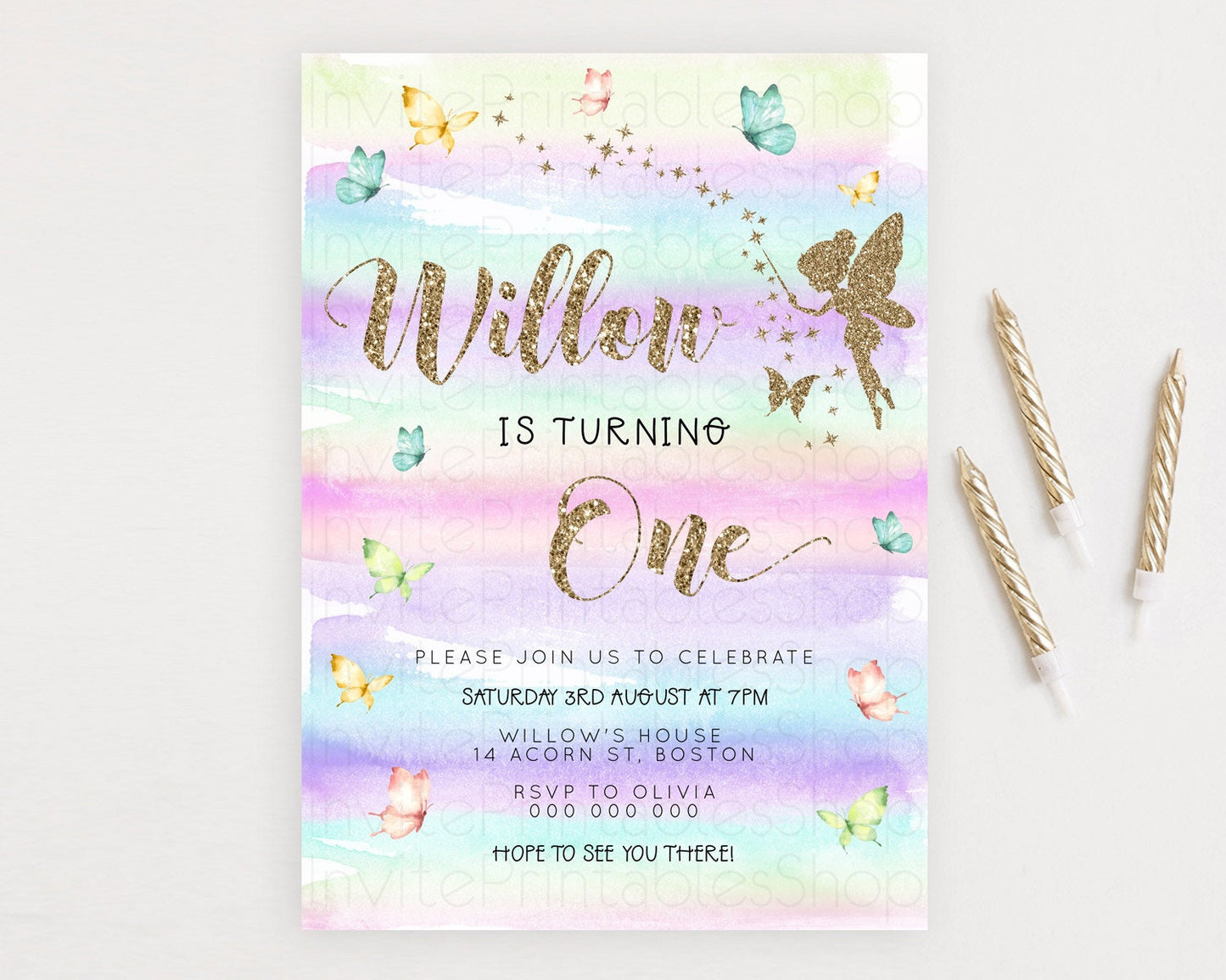 Pastel Fairy Birthday Invitation Pastel Butterflies Fairy Birthday Invitation Rainbow Ombre Watercolor 1st 2nd Birthday Invitation D23310