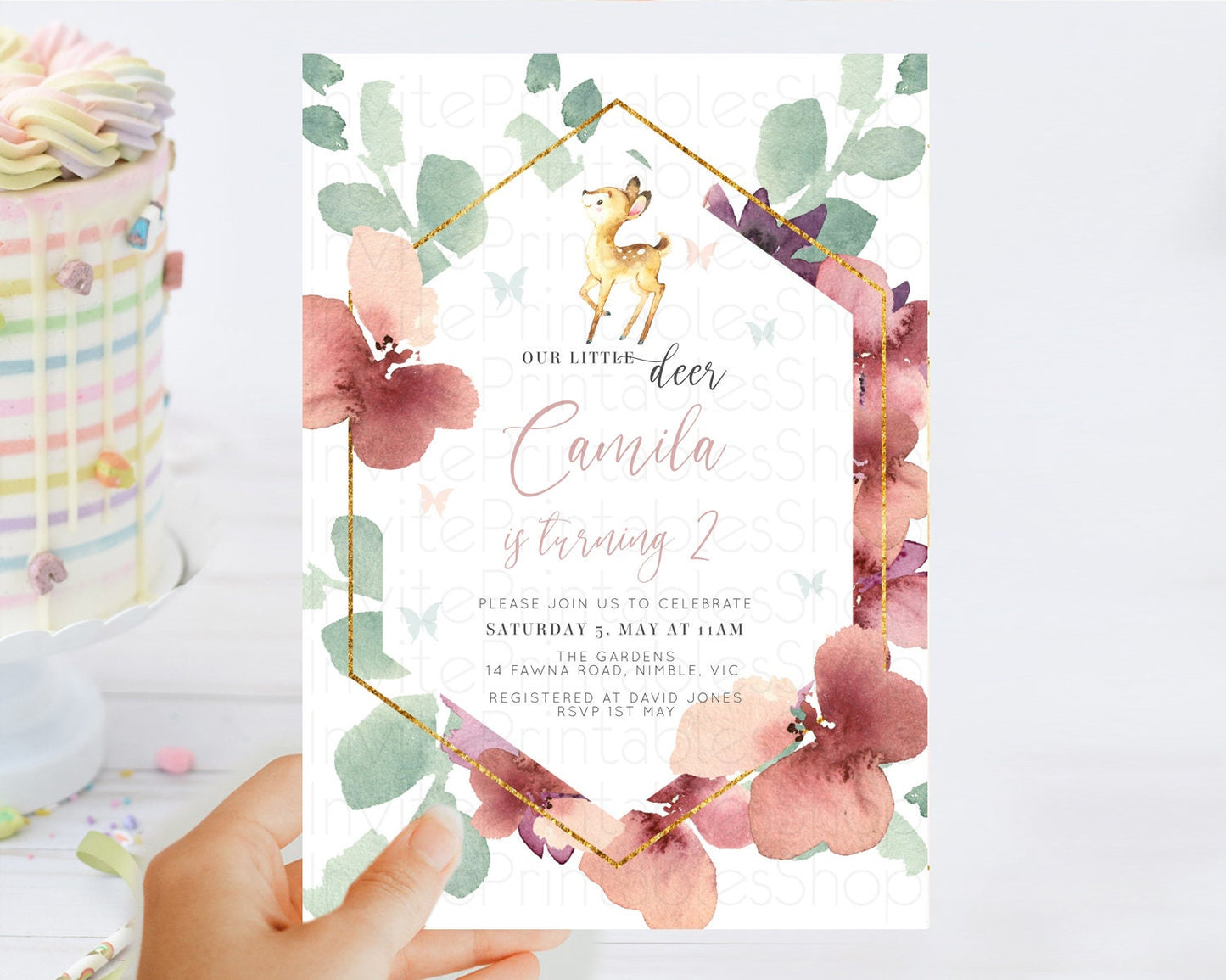 Fawn Birthday Invitation Deer Birthday Invitation Enchanted Forest Party Butterfly Pastel Flowers Whimsical 2nd 1st First Birthday D10915