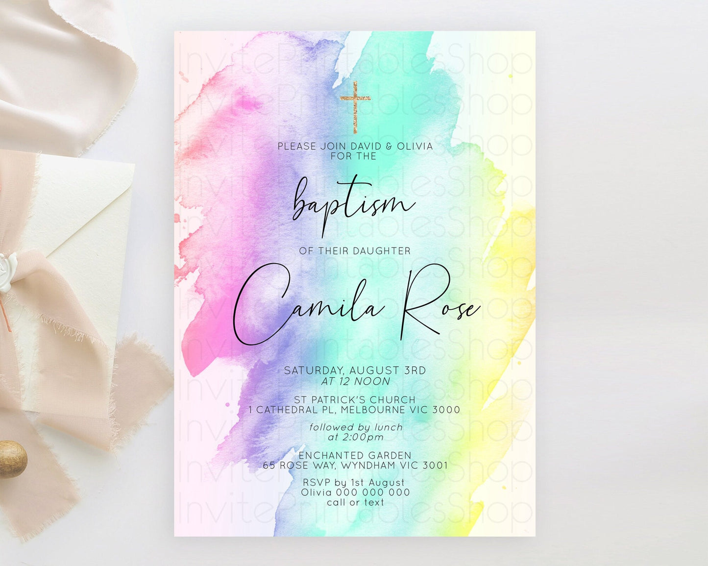 Pastel Baptism Invitation Pastel Colors Watercolor Baptism 1st Birthday Party Gold Ombre Pastel Rainbow Christening Holy Communion D10231