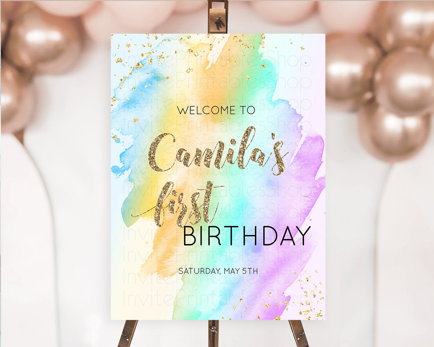 Pastel Welcome Sign Pastel Rainbow Welcome Sign Colorful Rainbow Confetti Watercolor Glitter Pastel First Birthday Welcome Sign D10426