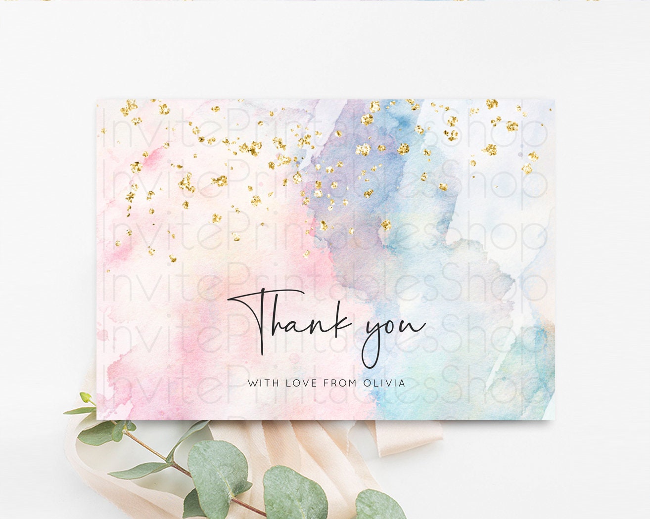 Pastel Rainbow Thank you Colorful Watercolor Gift Cards Splash Gold Glitter Card Birthday Engaged Baby Shower Wedding Folded/ Postcard 276