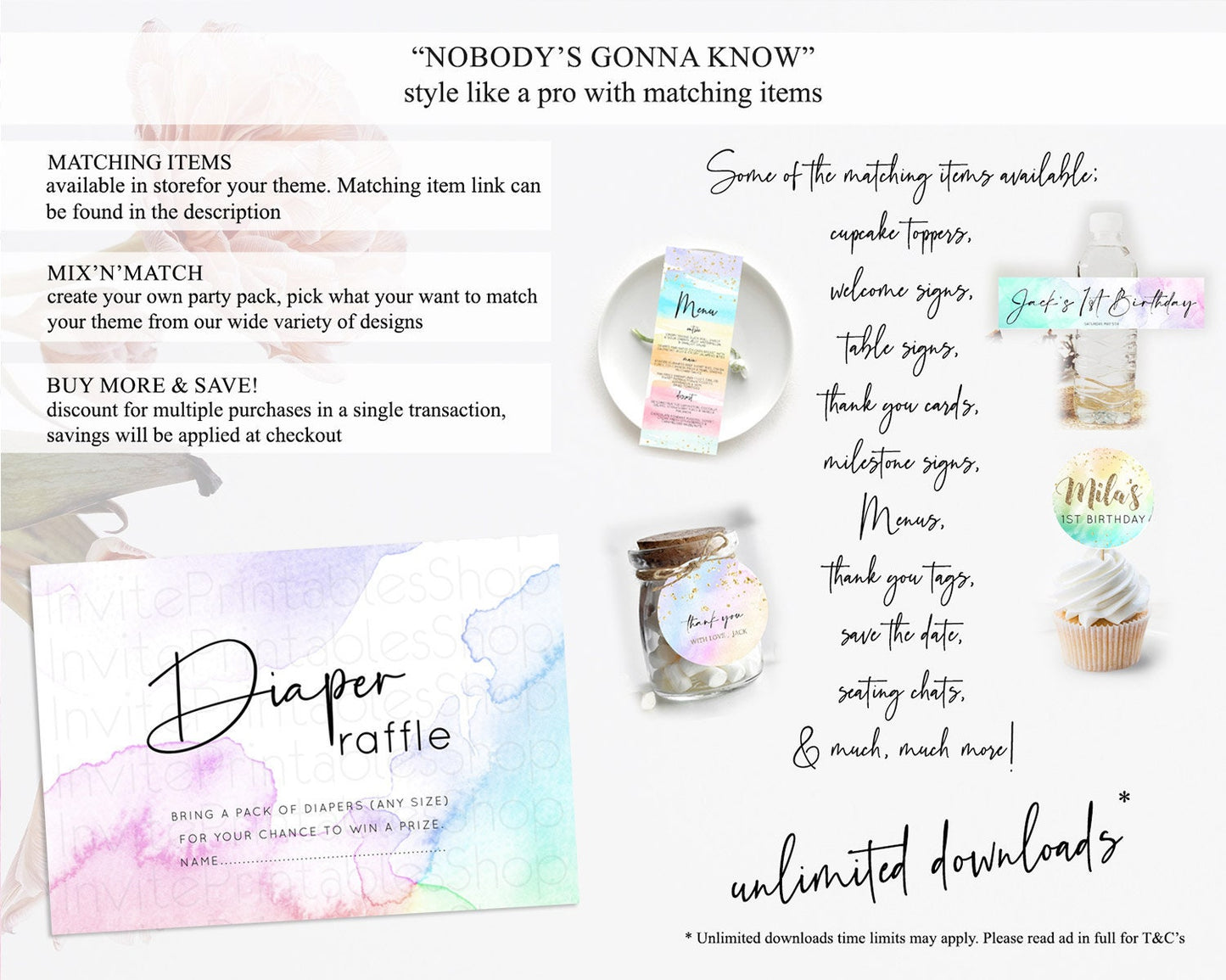 Pastel Diaper Raffle Card Pastel Rainbow Diaper Raffle Insert Colorful Ombre Watercolor Diaper Ticket Confetti Glitter Raffle Game D10215