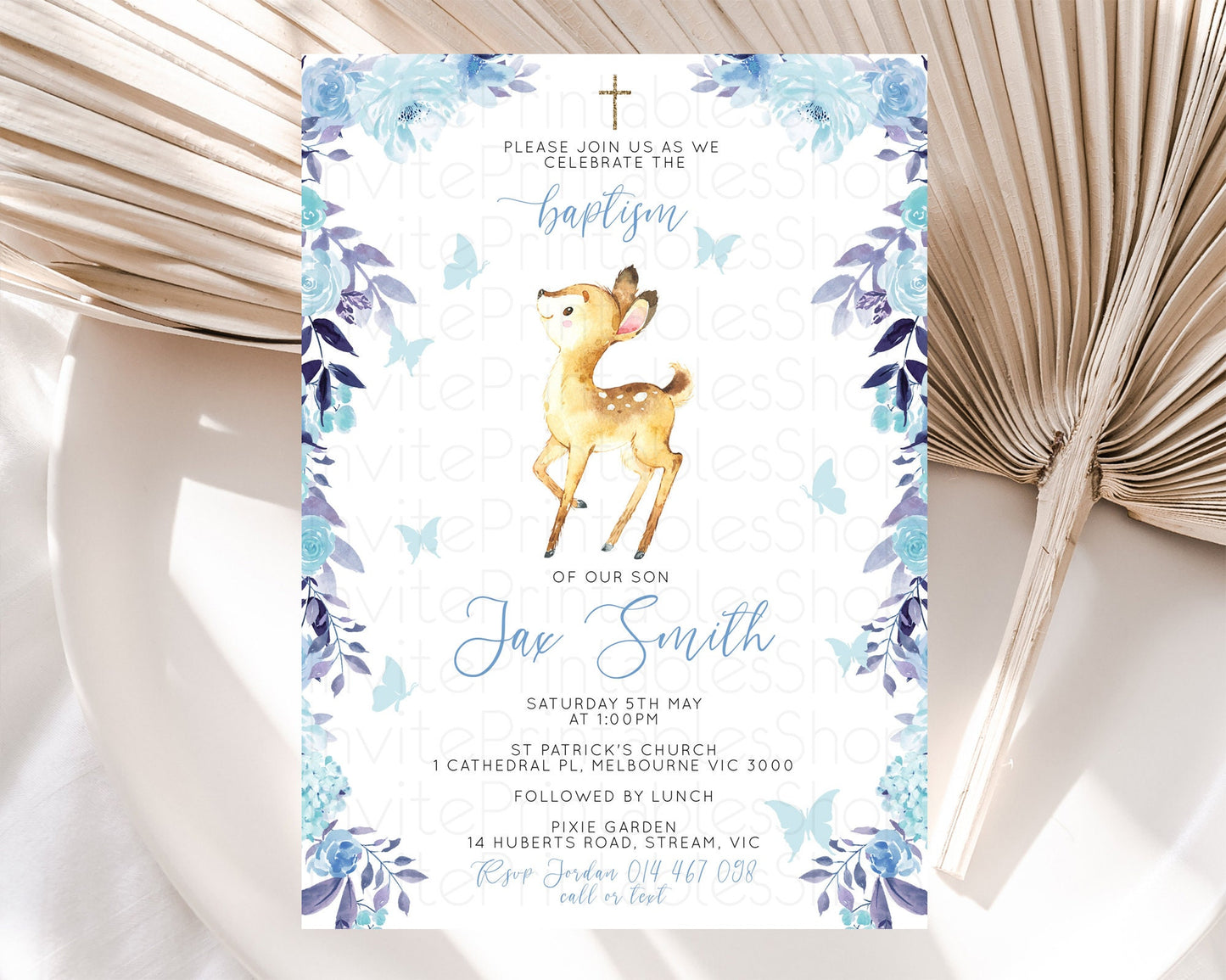 Fawn Baptism Invitation Deer Baptism 1st Birthday Invitation Enchanted Forest Christening Invitation Pastel Garden Butterfly Floral D10917