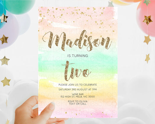 Rainbow Birthday Invitation Colorful Pastel Watercolor Invitation Gold Glitter Sprinkles Ombre Pastel 1st 2nd 3rd Birthday D10592