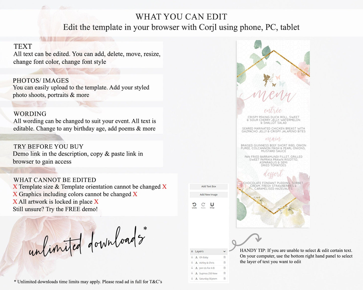 Fairy Menu Fairy Menu Template Enchanted Garden Pastel Floral Butterfly Table Decor Fairy Secret Garden Dinner Dessert Food Menu D10965