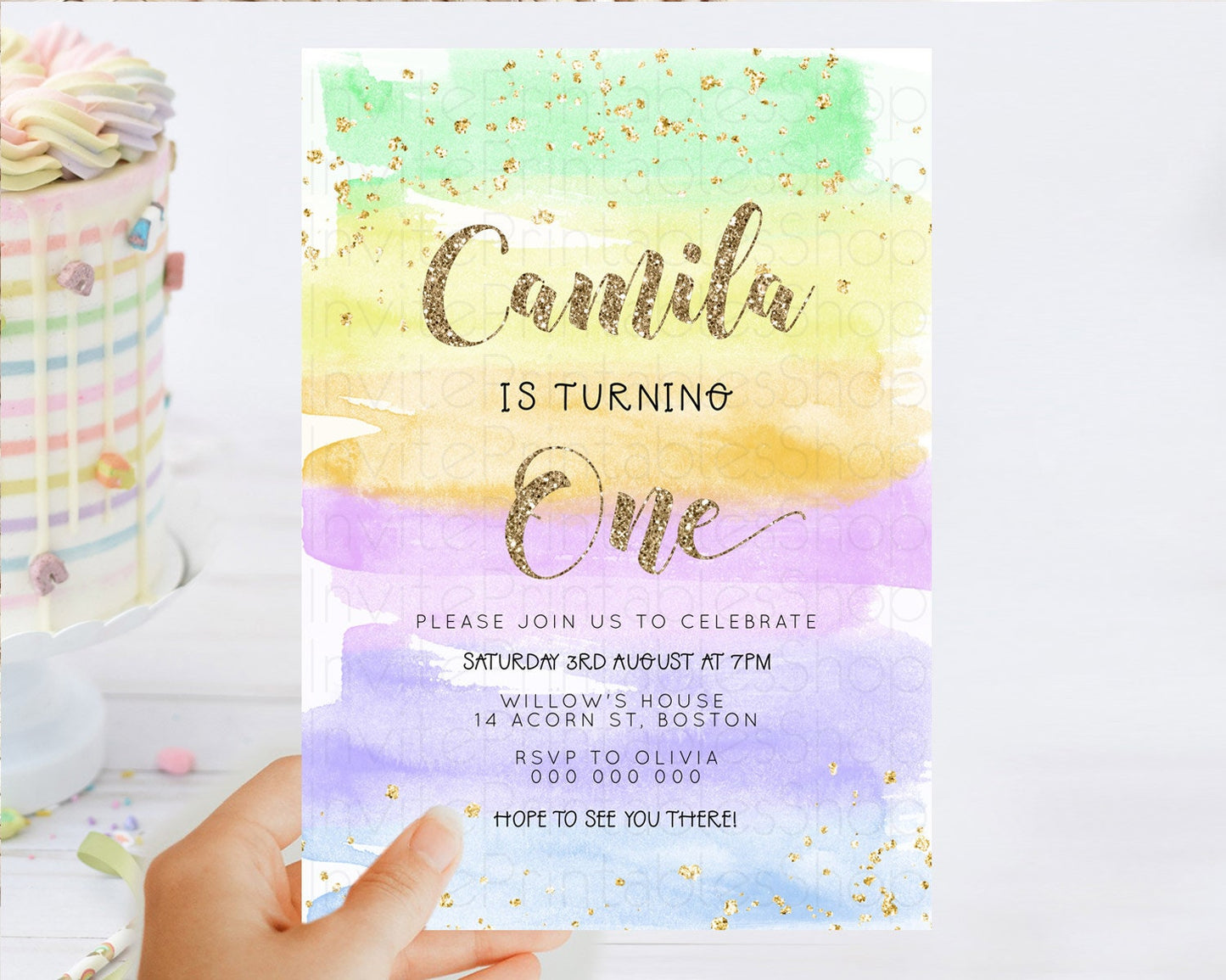 Rainbow Birthday Invitation Colorful Pastel Watercolor Invitation Gold Glitter Sprinkles Ombre Pastel 1st 2nd 3rd Birthday D23275