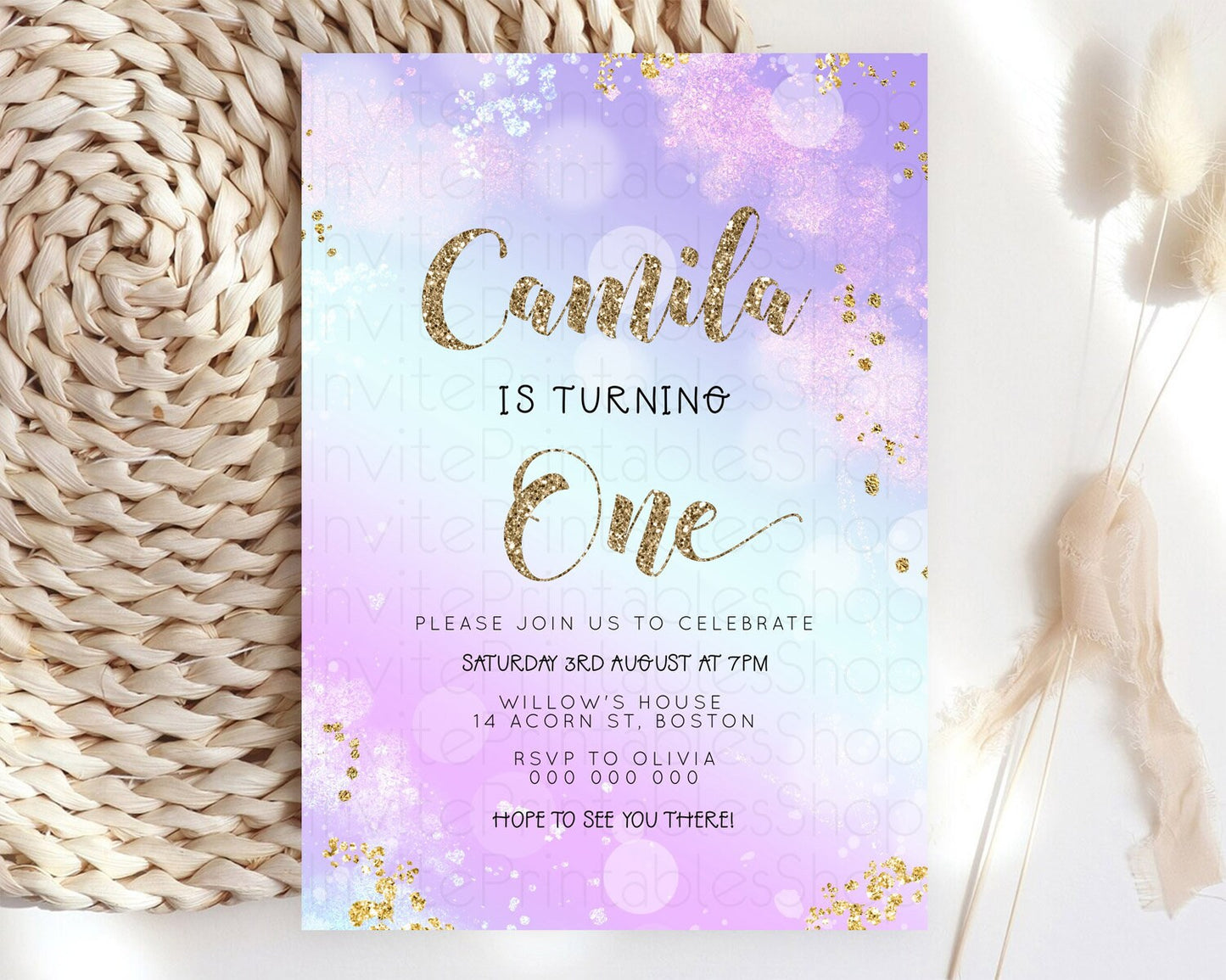 Rainbow Birthday Invitation Colorful Pastel Watercolor Invitation Gold Glitter Sprinkles Ombre Pastel 1st 2nd 3rd Birthday D23130