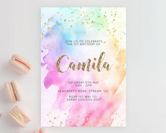 Editable Rainbow Birthday Invitation Colorful Pastel Watercolor Invitation G