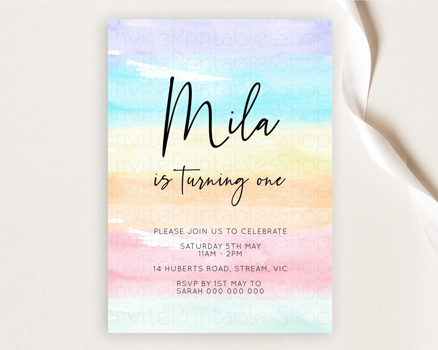 Rainbow Birthday Invitation Colorful Pastel Watercolor Invitation Gold Glitter Sprinkles Ombre Pastel 1st 2nd 3rd Birthday D10505