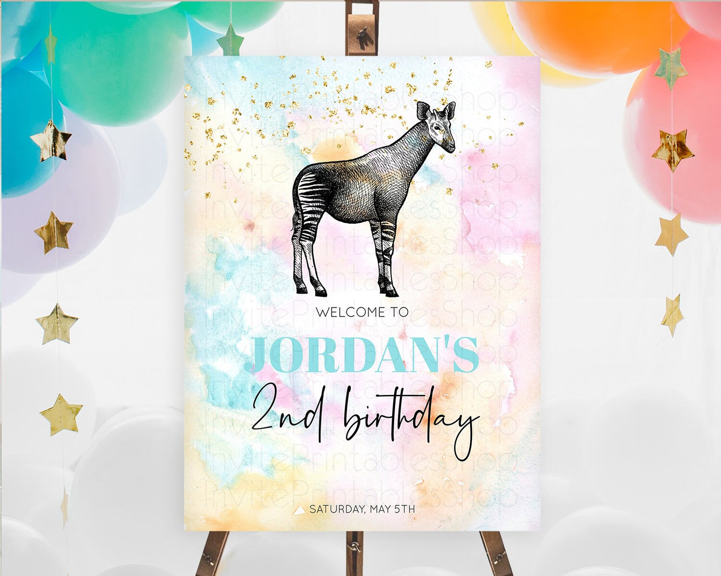 Pastel Okapi Welcome Sign Rainbow Okapi Welcome Board Colorful Rainbow Pastel Confetti Watercolor First Birthday Welcome Sign D10282