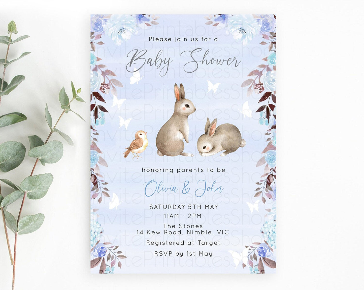 Bunny Baby Shower Invitation, Bunny Invitation, Enchanted Forest Theme, Secret Garden Pastel Blue Floral, Rabbit, Butterfly, Woodland D10923