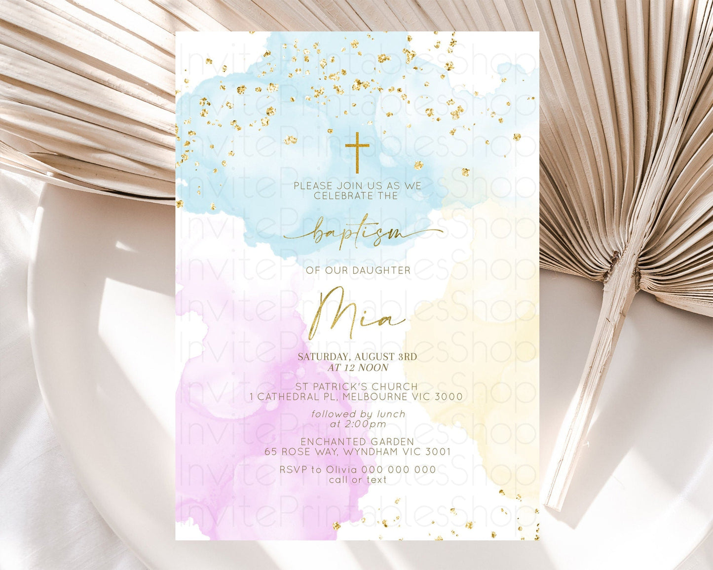Pastel Baptism Invitation Pastel Colors Watercolor Baptism 1st Birthday Party Gold Ombre Pastel Rainbow Christening Holy Communion D10204