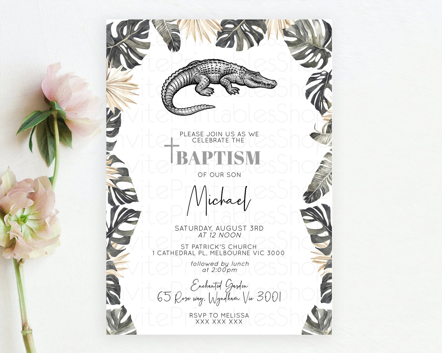 Crocodile Baptism Invitation Alligator Baptism 1st Birthday Invitation Later Alligator Swamp Safari Crocodile Christening Invitation D10830