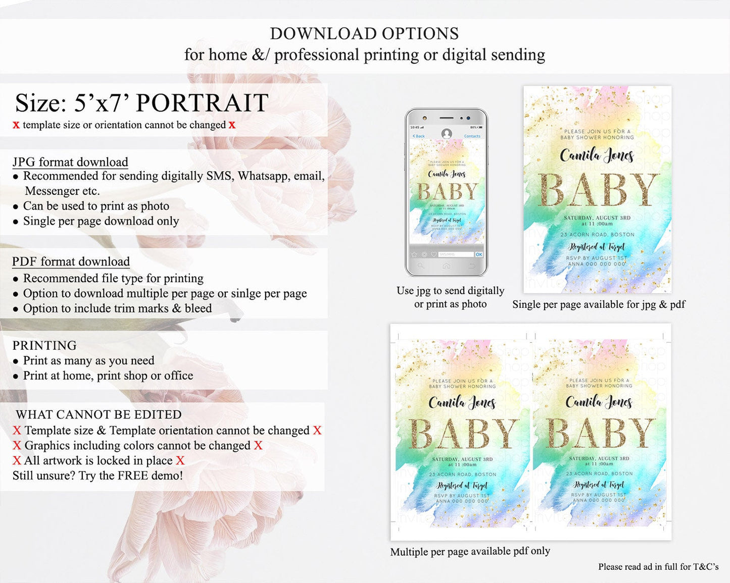 Pastel Rainbow Baby Shower Invitation with Gold Glitter Sprinkles, Colorful Watercolor Ombre Theme in Pink, Yellow, Blue, and Purple D10256