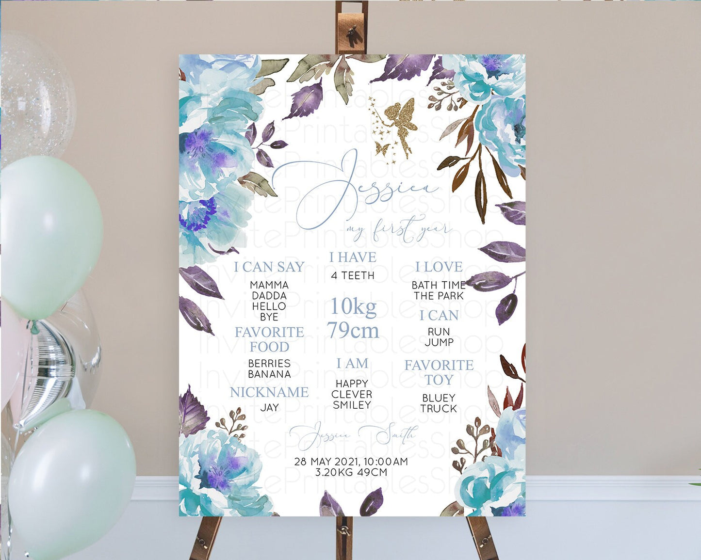 Fairy First Birthday Milestone Poster Fairy Secret Garden Milestone Board Enchanted Garden Pastel Floral Butterfly 1st Birthday Sign D10728