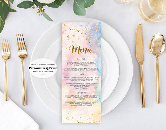 Rainbow Menu Pastel Watercolor Table Menu Colorful Splash Table Decor Colorful Paint Custom Menu Gold Foil Glitter Splatter Sprinkles 276