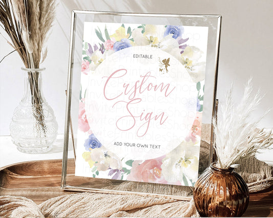 Editable Fairy Sign Enchanted Garden Table Sign Decor Pastel Floral Butterfl