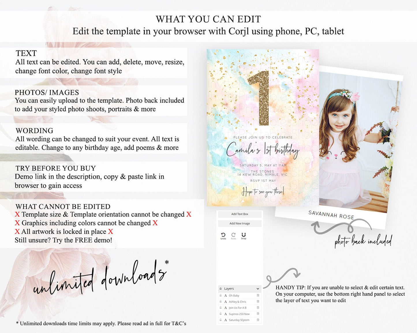 Rainbow Birthday Invitation Colorful Pastel Watercolor Invitation Gold Glitter Sprinkles Ombre Pastel 1st 2nd 3rd Birthday D10548