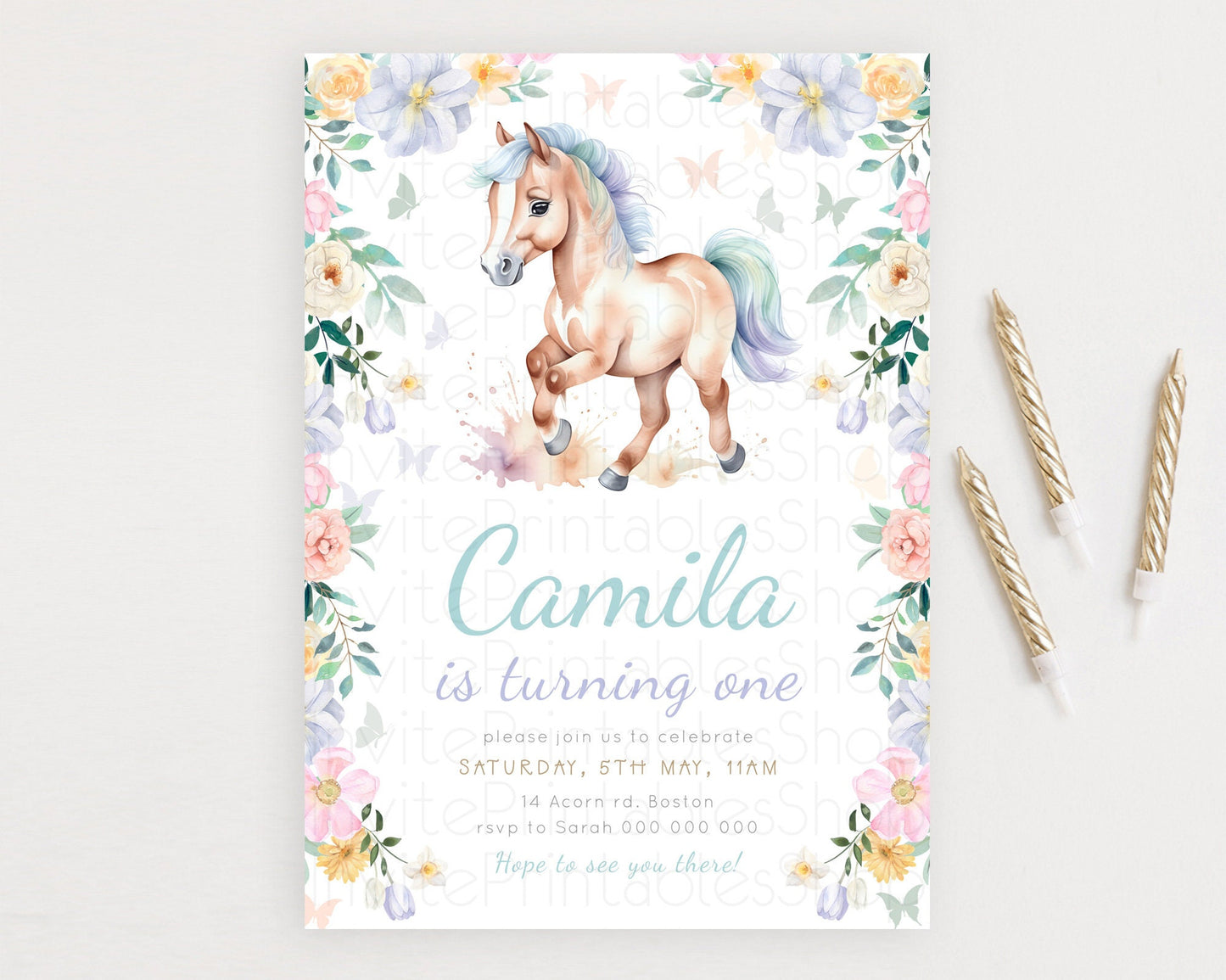 Horse Birthday Invitation, Galloping Wildflower Fields, Pastel Flowers, Butterflies, Flowers Accents for Equestrian & Cowgirls d23383