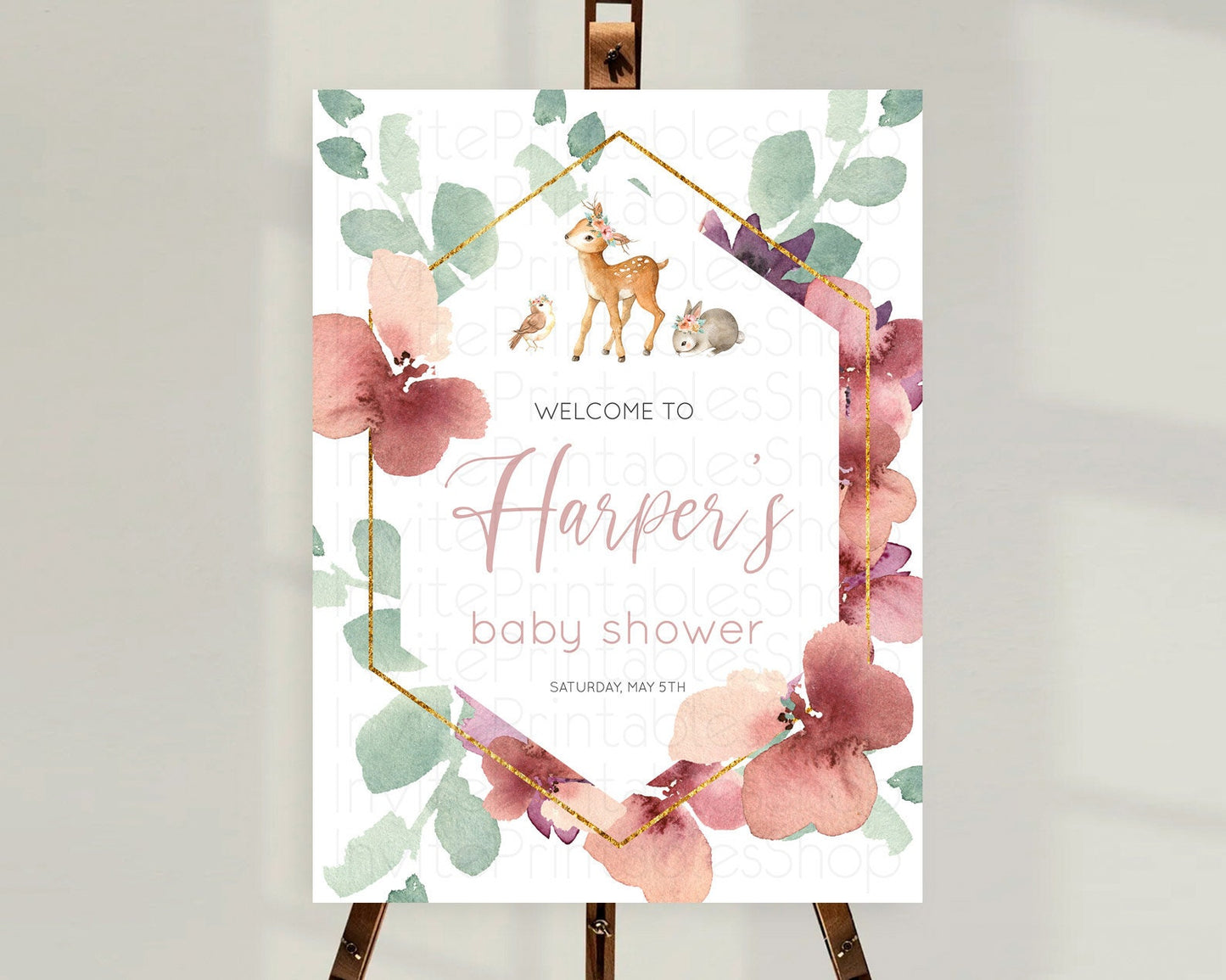 Fawn Baby Shower Welcome Sign Deer Welcome Board Floral Deer Welcome Poster Enchanted Forest Butterfly Pastel Floral Welcome Sign D10913