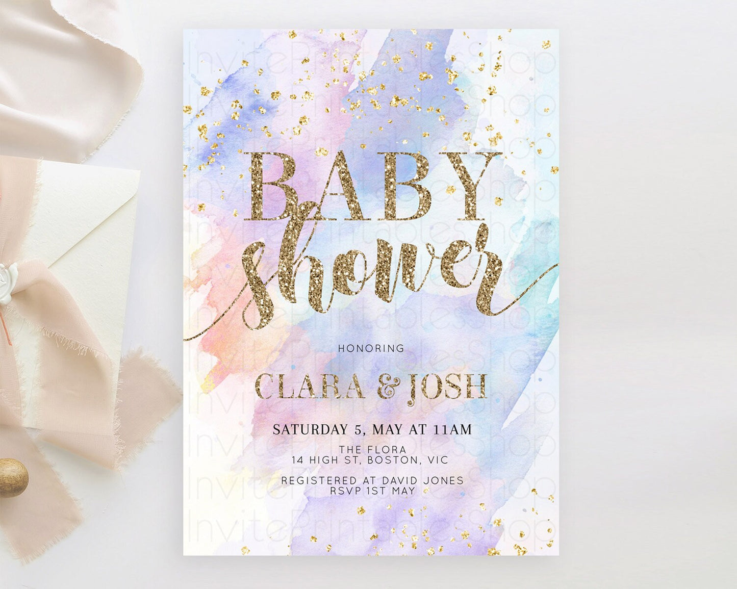 Pastel Baby Shower Invitation Rainbow Baby Shower Invitation Colorful Pastel Watercolor Invitation Gold Glitter Sprinkles Ombre D10583