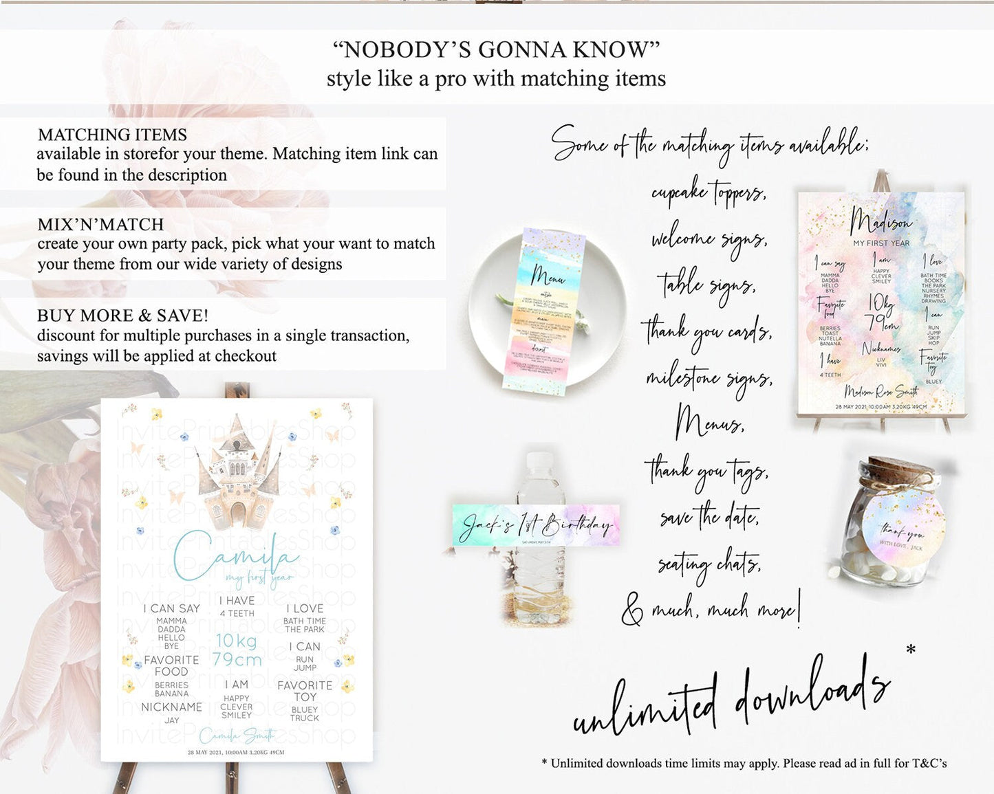 Princess First Birthday Milestone Poster Castle Milestone Board Secret Garden Enchanted Castle Pastel Floral Garden First Birthday D10365