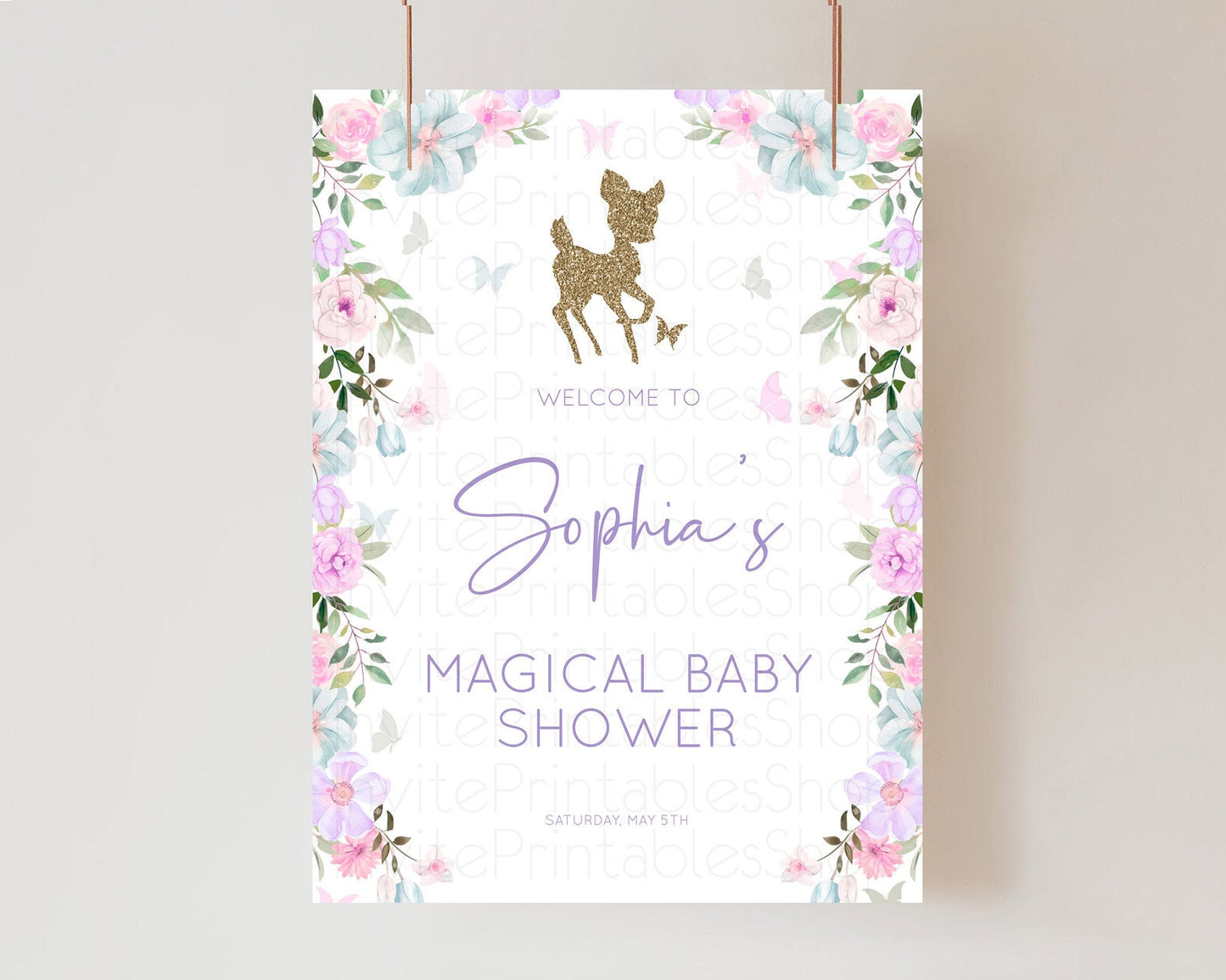 Fawn Baby Shower Welcome Sign Deer Welcome Board Floral Deer Welcome Poster Enchanted Forest Butterfly Pastel Floral Welcome Sign D10476