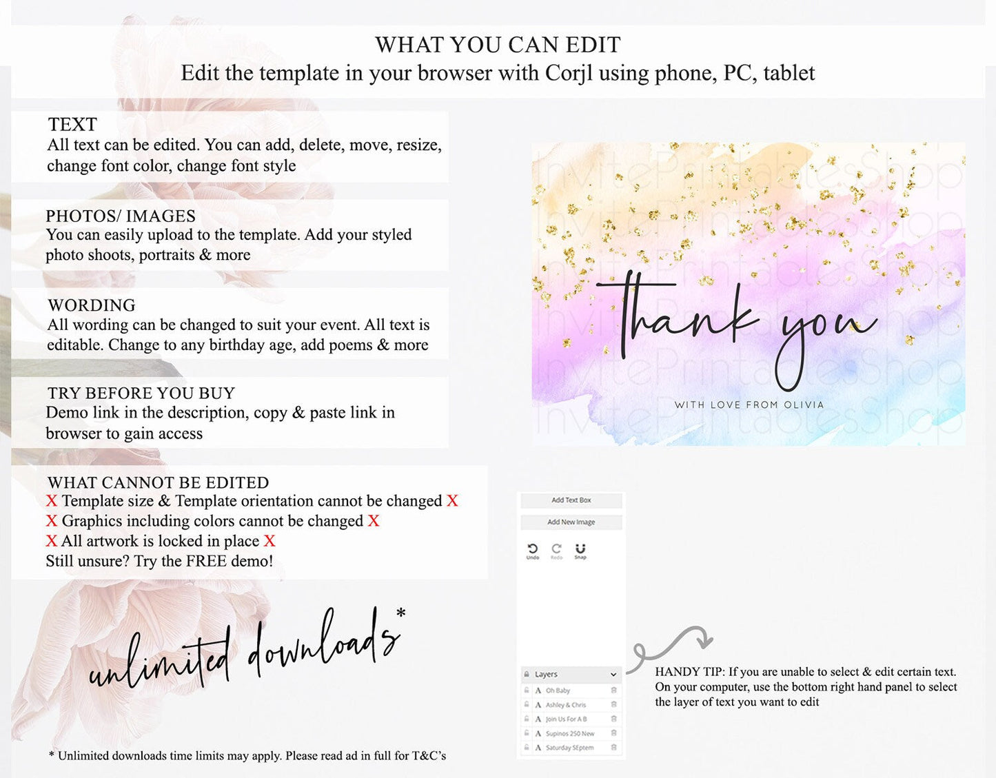 Pastel Thank You Rainbow Thank You Card Colorful Pastel Birthday Thank You Card Confetti Watercolor Pastel Teacher Thank You Cards D10177