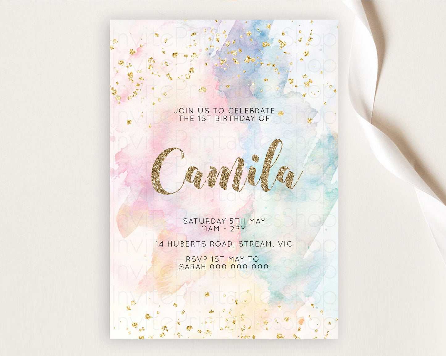 Rainbow Birthday Invitation Colorful Pastel Watercolor Invitation Gold Glitter Sprinkles Ombre Pastel 1st 2nd 3rd Birthday D10264