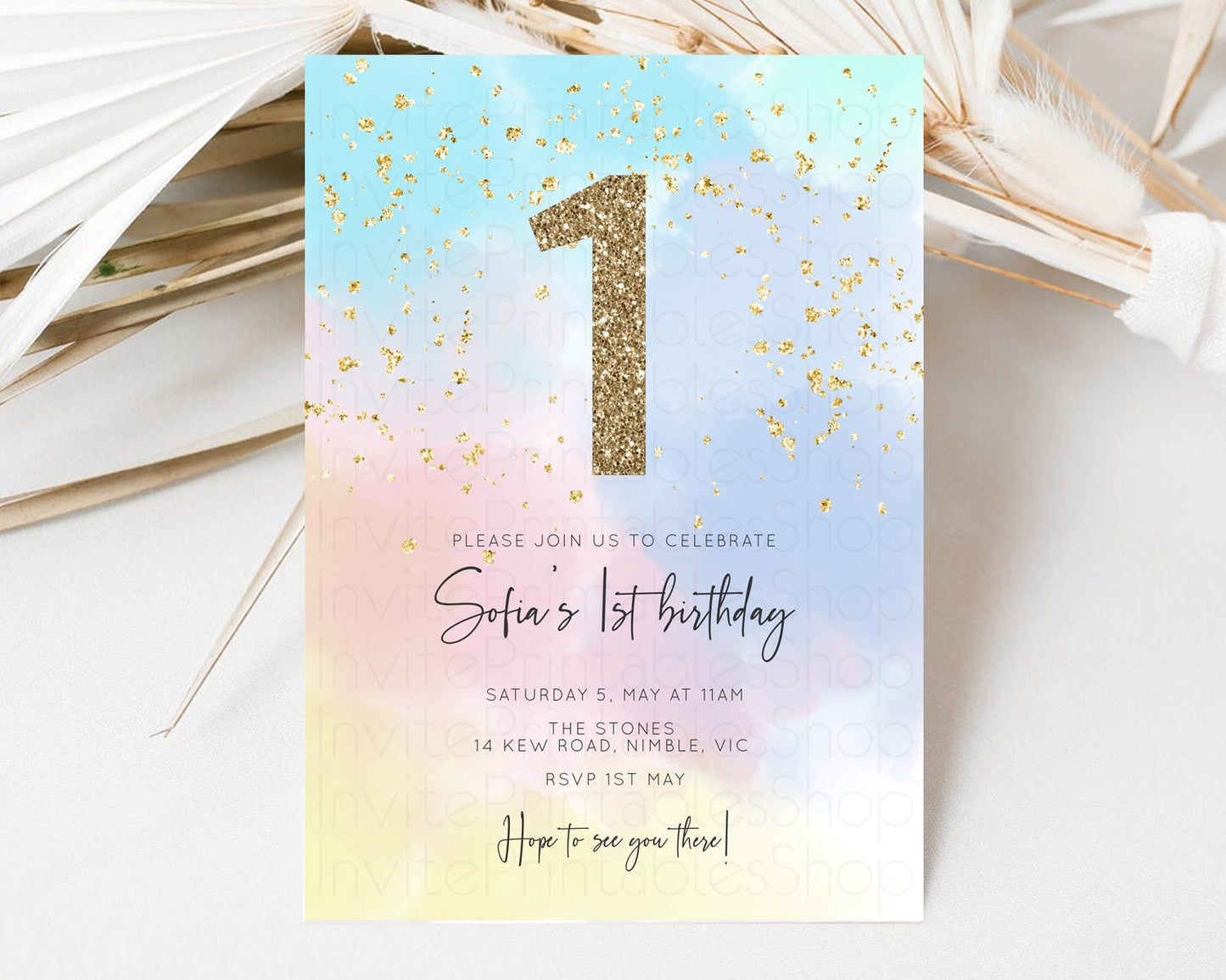 Rainbow Birthday Invitation Pastel Clouds Invitation Rainbow Sky Invite Colorful Watercolor Invite Glitter Sprinkle Invite 1st 2nd 3rd 446