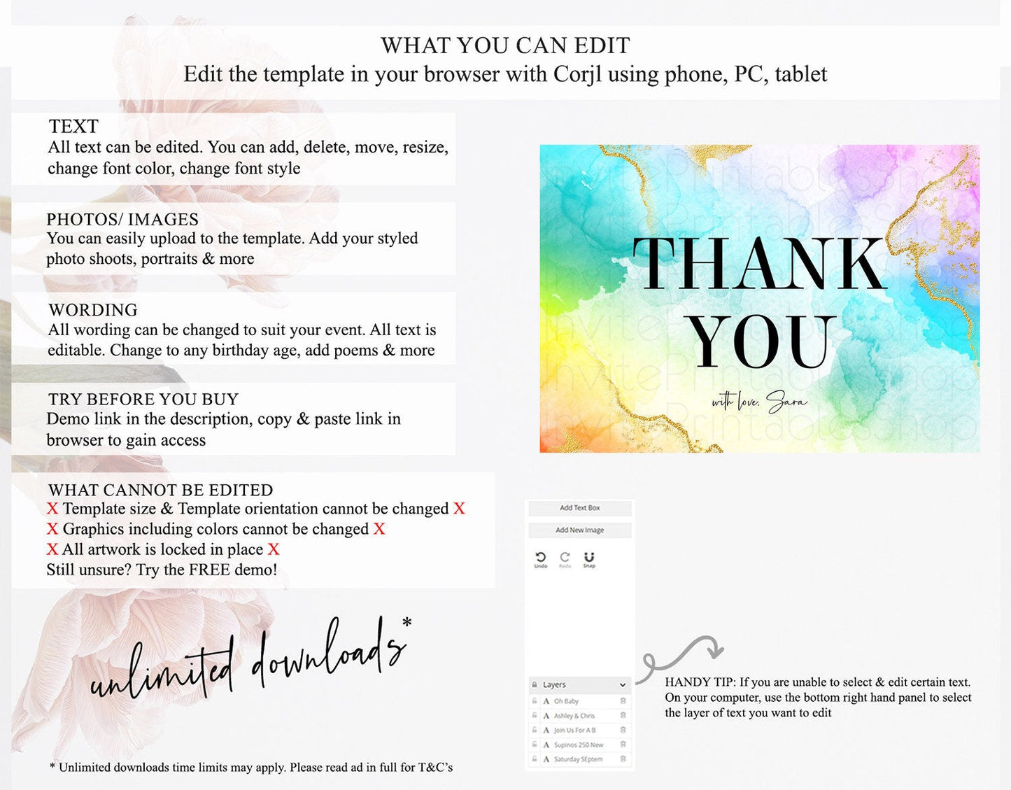 Pastel Thank You Rainbow Thank You Card Colorful Pastel Birthday Thank You Card Confetti Watercolor Pastel Teacher Thank You Cards D10393