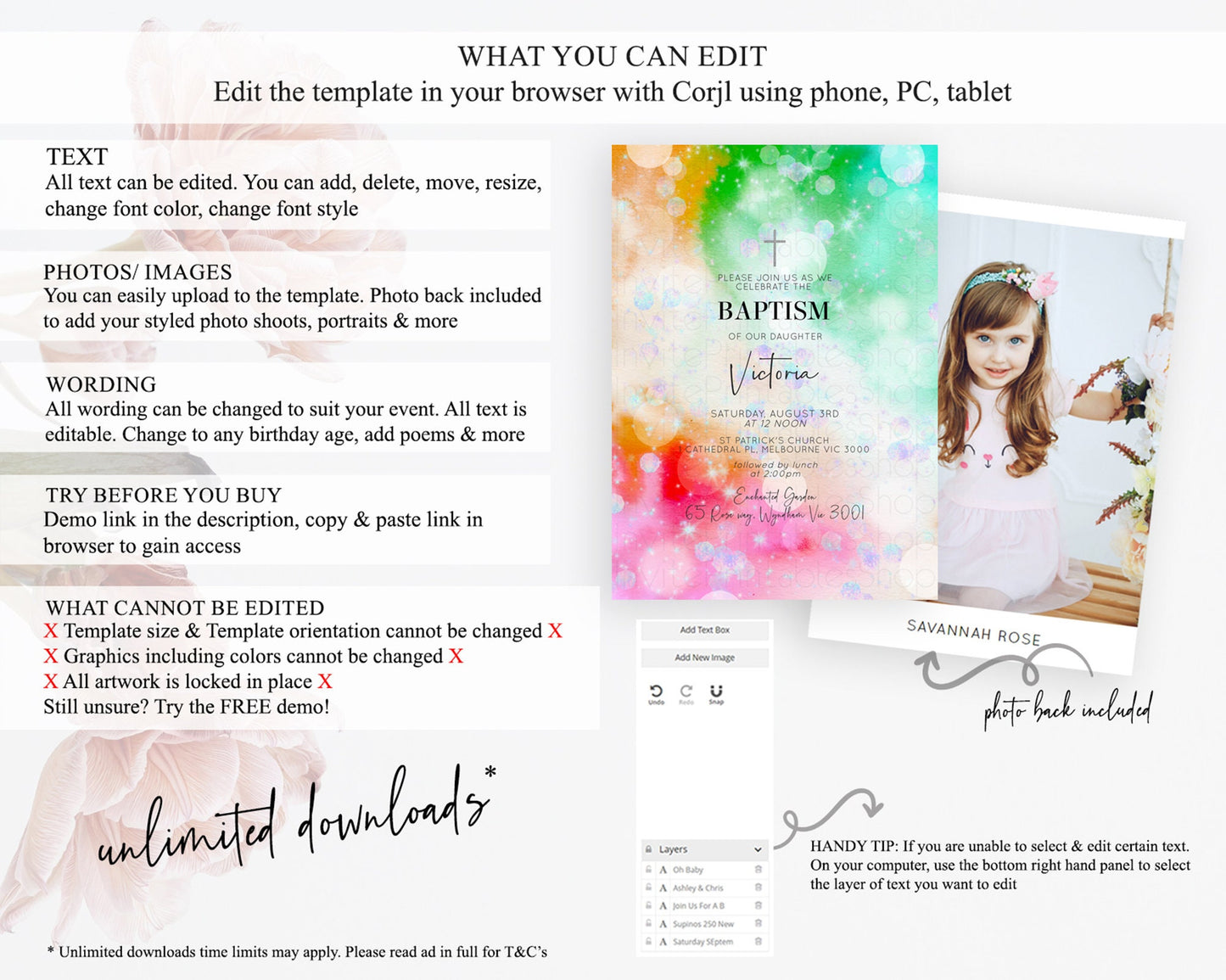 Rainbow Baptism Invitation Colorful Pastel Watercolor Baptism 1st Birthday Invitation Iridescent Glitter Sprinkles Ombre Christening D10691