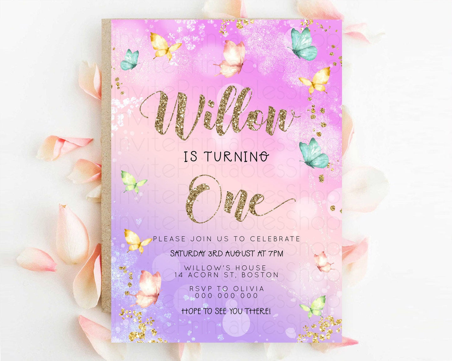 Pastel Butterfly Birthday Invitation Butterfly Birthday Invitation Colorful Splash Glitter Butterfly Garden 1st 2nd Birthday D23092