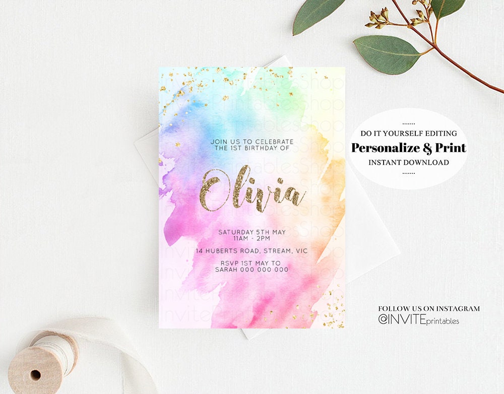 Rainbow Birthday Invitation Ombre Pastel Invitation Colorful Watercolor Splash Invite Gold Glitter Sprinkles Printable Digital Invite g504