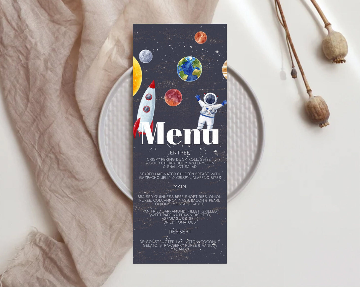 Space Menu Space Menu Template First Trip Around the Sun Table Decor Planets Solar System ONE year Food Menu Dinner Dessert Menu D10144